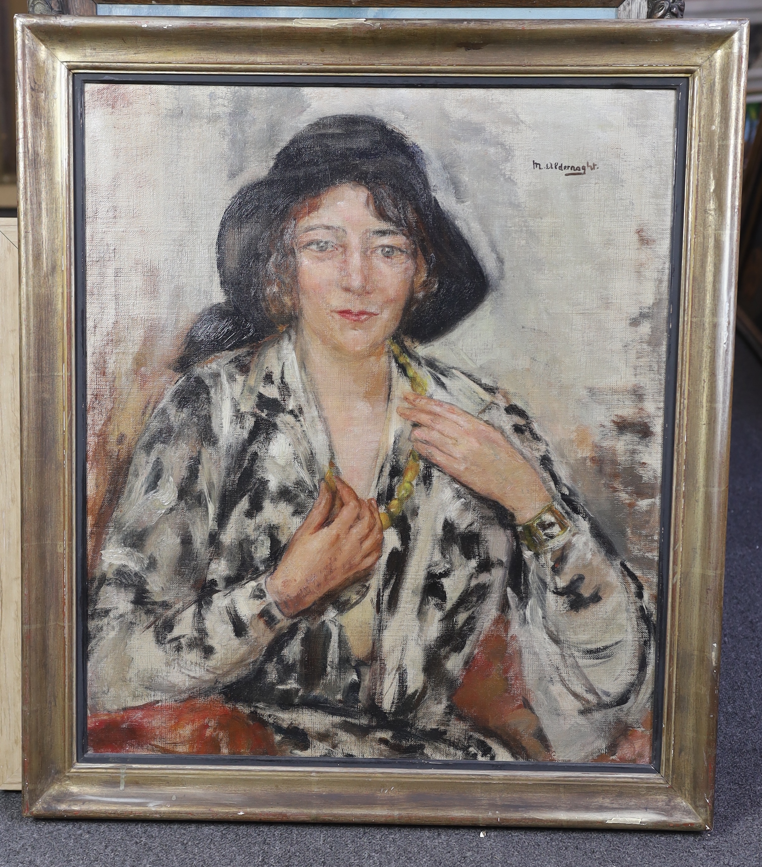 Maria Aldernaght (Belgian, 1902-1945), Portrait of a lady wearing an amber bead necklace, oil on canvas, 69 x 59cm